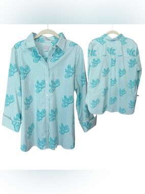 Chico’s Button Front Blouse – Teal/White Striped Print